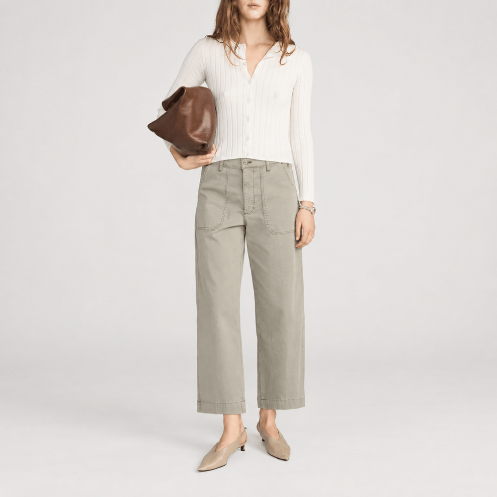 FRAME The Ranger Pant in Thyme at Riada Concept. High-rise cropped utility trousers in stretch cotton twill with patch pockets - front view styled model