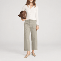 FRAME The Ranger Pant in Thyme at Riada Concept. High-rise cropped utility trousers in stretch cotton twill with patch pockets - front view styled model