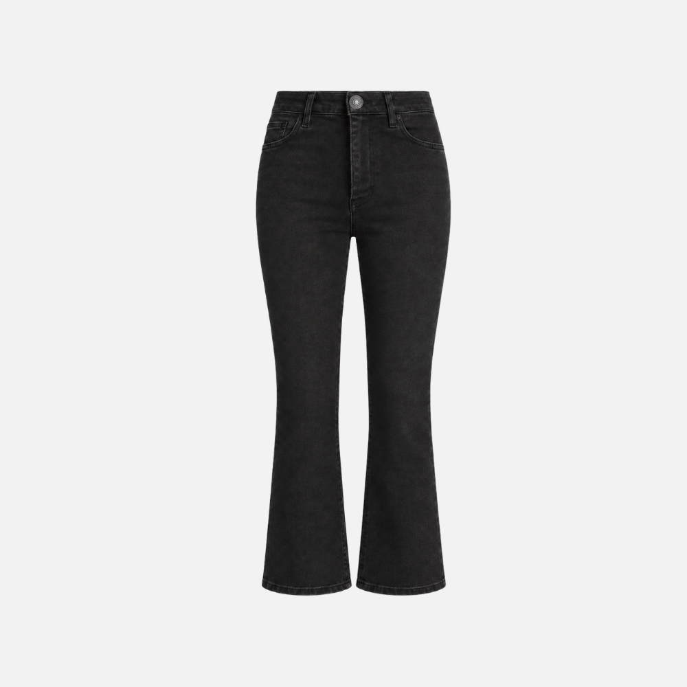 FRAME The Reboot Crop Jeans in Levitate at Riada Concept. High-rise black bootcut jeans in super-stretch denim with a 27-inch inseam and cropped flare