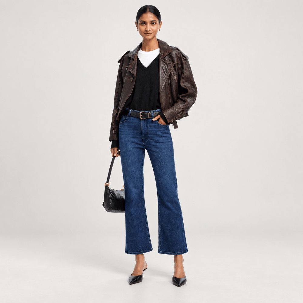 FRAME The Reboot Crop Jeans in Trick dark indigo high-rise cropped bootcut on model fullbody