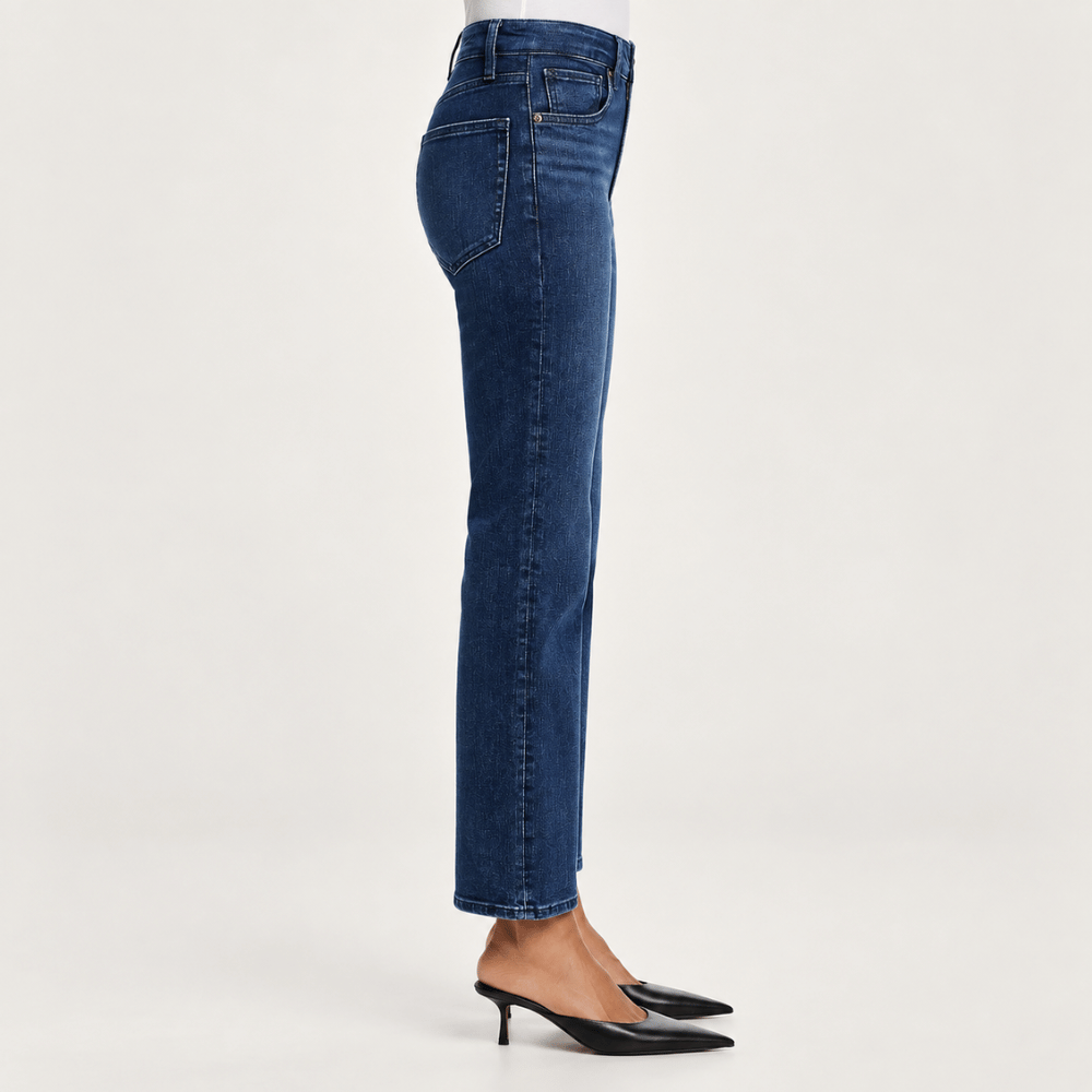 FRAME The Reboot Crop Jeans in Trick dark indigo high-rise cropped bootcut on model - side