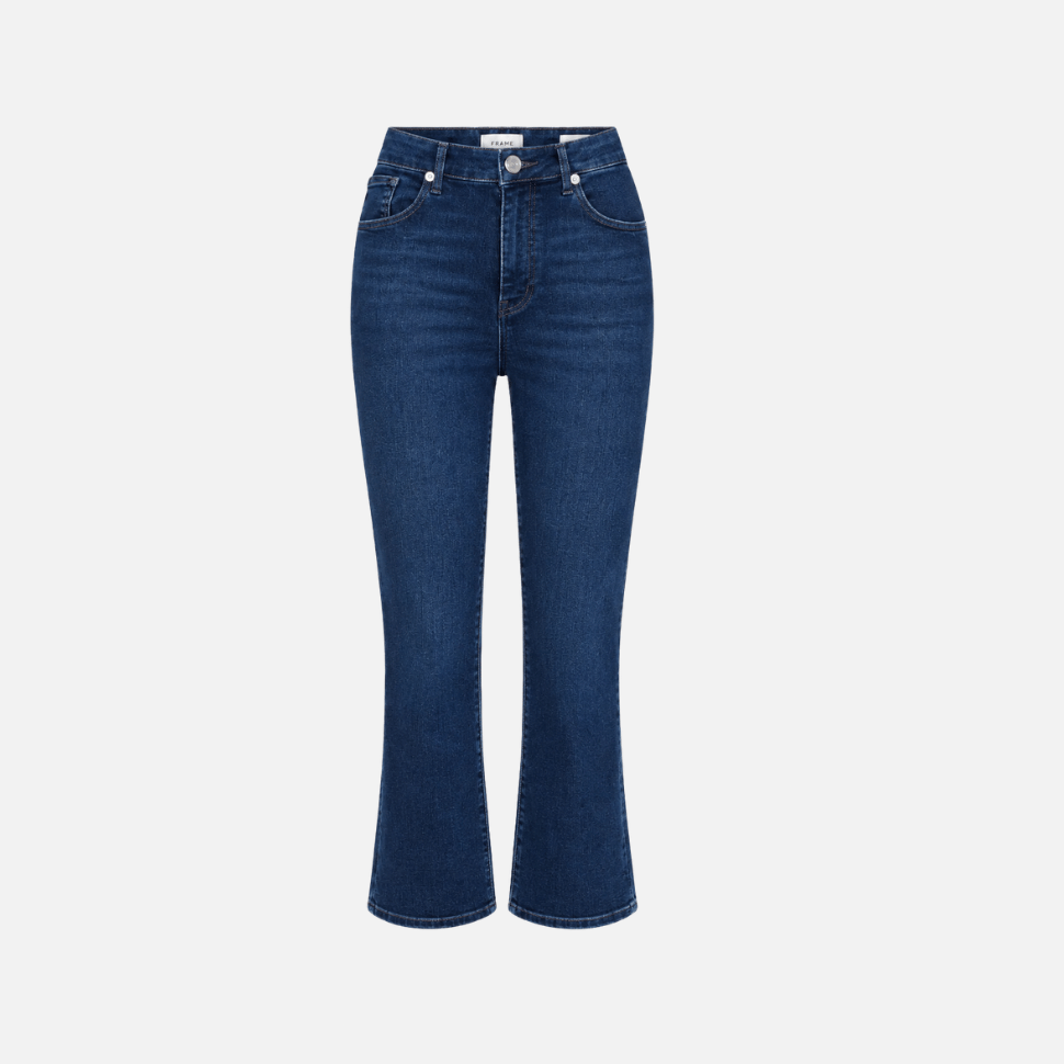 FRAME The Reboot Crop Jeans in Trick dark indigo denim front ghost shot