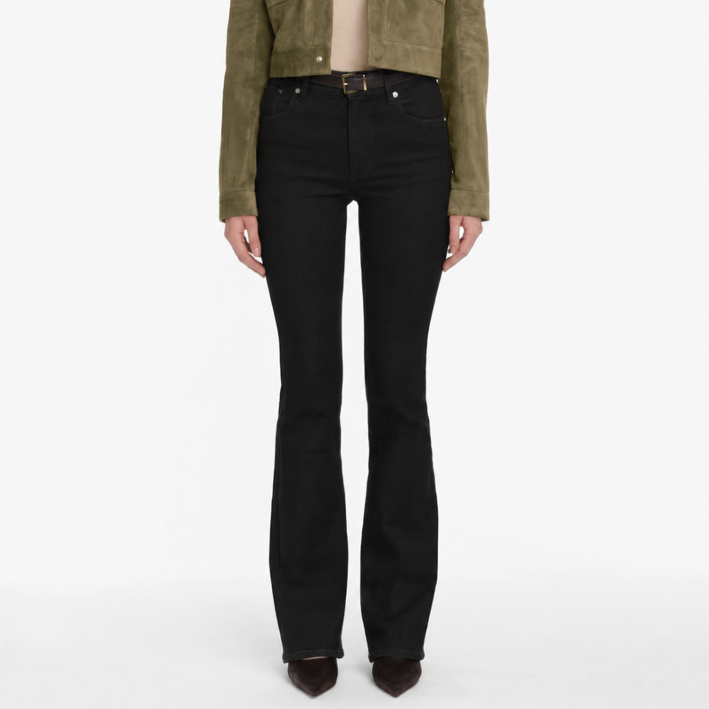 FRAME The Reboot Jeans in Black high-rise full-length bootcut styled on model - front