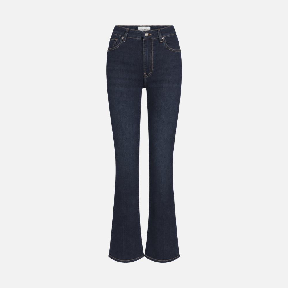 Shop FRAME The Reboot Jeans in Stargirl at Riada Concept. High-rise full-length bootcut jeans in dark indigo stretch denim with golden contrast stitching.