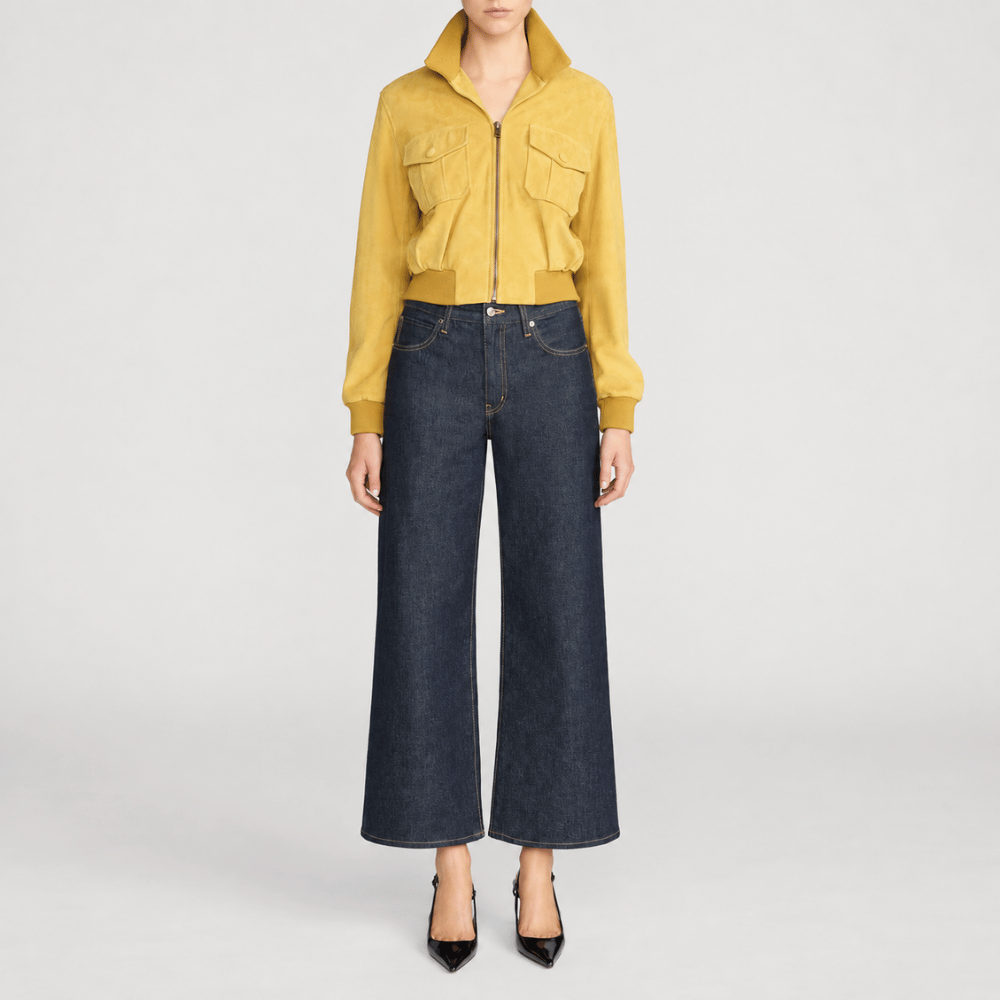 FRAME The Swing Jeans in Rinse at Riada Concept. High-rise cropped wide-leg jeans in rigid dark-indigo regenerative cotton - full styled model view