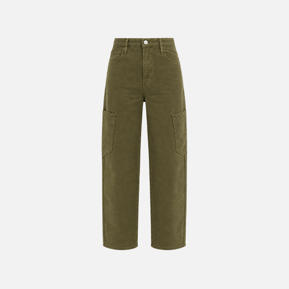 RAME Ultra High Rise Barrel Jeans in Washed Fatigue at Riada Concept. Ultra-high-rise olive cargo jeans in rigid cotton
