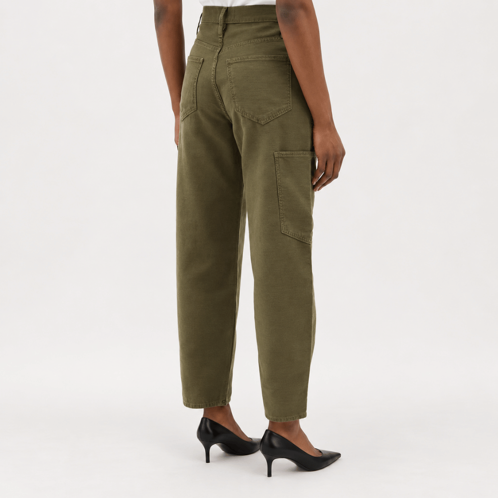 RAME Ultra High Rise Barrel Jeans in Washed Fatigue at Riada Concept. Ultra-high-rise olive cargo jeans in rigid cotton - back view
