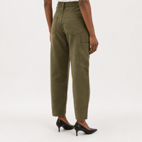 RAME Ultra High Rise Barrel Jeans in Washed Fatigue at Riada Concept. Ultra-high-rise olive cargo jeans in rigid cotton - back view
