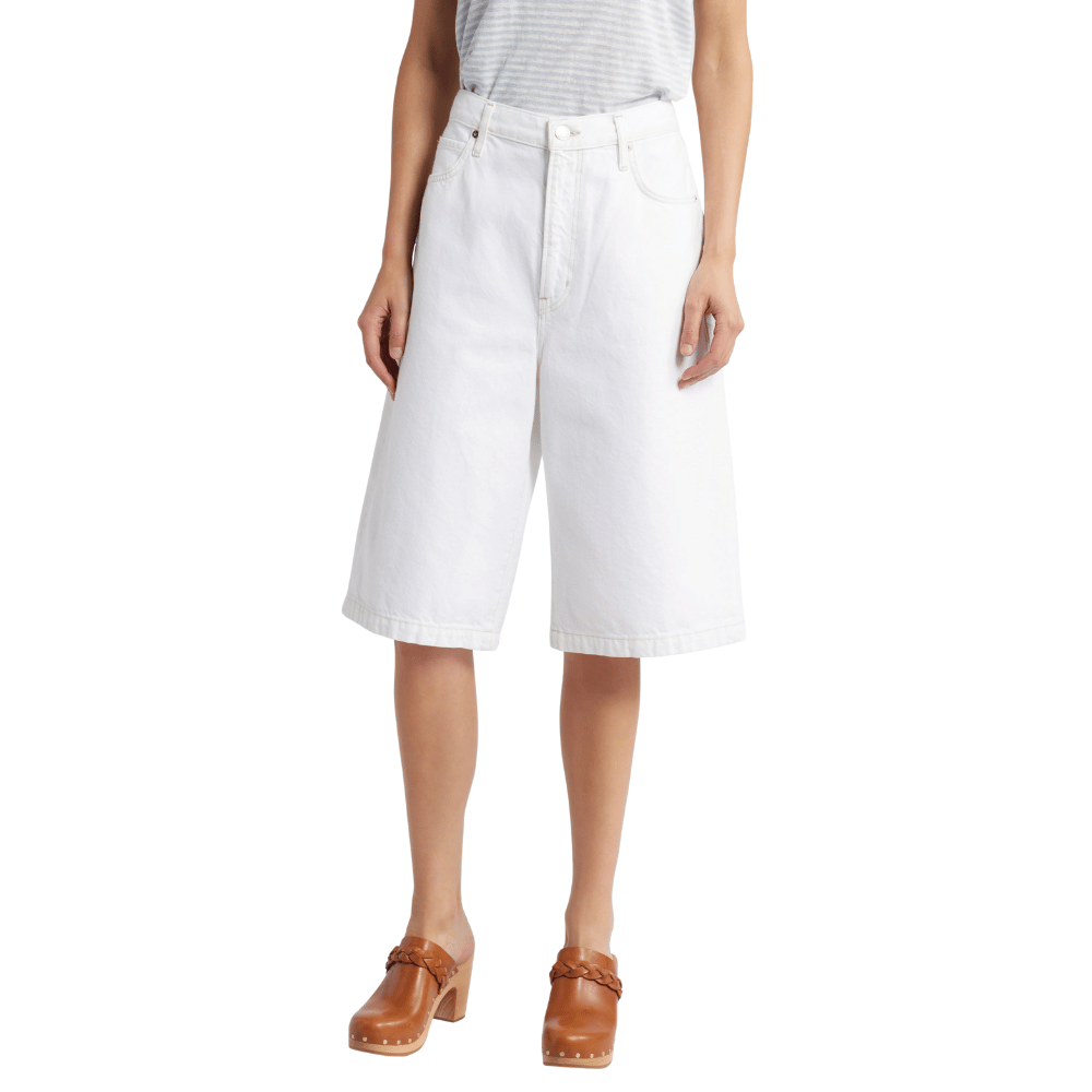 FRAME The Boy Short High-Rise Wide-Leg Knee-Length Denim Shorts in Off-White FRAME DENIM Designer fashion shop online and in store High End fashion boutique Sydney Australia Riada Concept