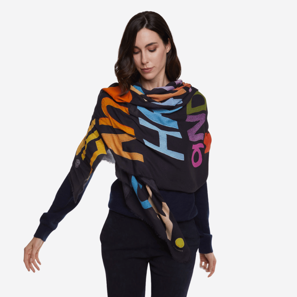 Faliero Sarti HAPPINESS Black Modal Cashmere Scarf with Multicolour Lettering