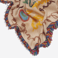 Faliero Sarti LA FAMILY silk cashmere modal scarf in beige with colourful handwritten Italian messages and multicolour fringed border