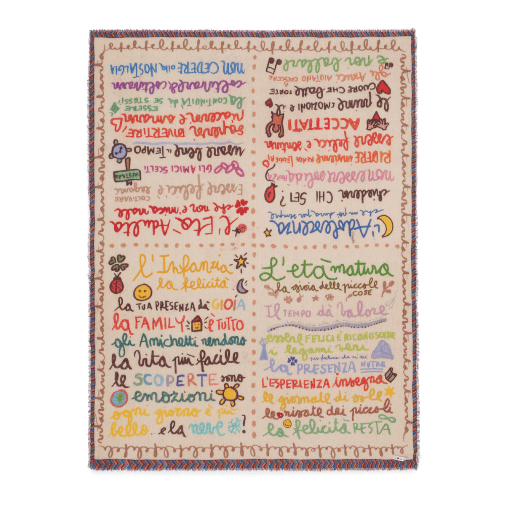 Faliero Sarti LA FAMILY silk cashmere modal scarf in beige with colourful handwritten Italian messages and multicolour fringed border