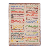 Faliero Sarti LA FAMILY silk cashmere modal scarf in beige with colourful handwritten Italian messages and multicolour fringed border