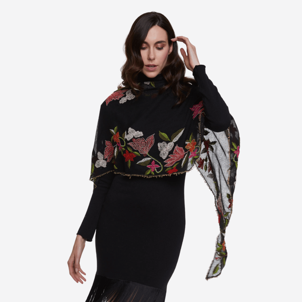 Faliero Sarti PRALINA Black Wool Blend Scarf with Multicolour Floral Embroidery