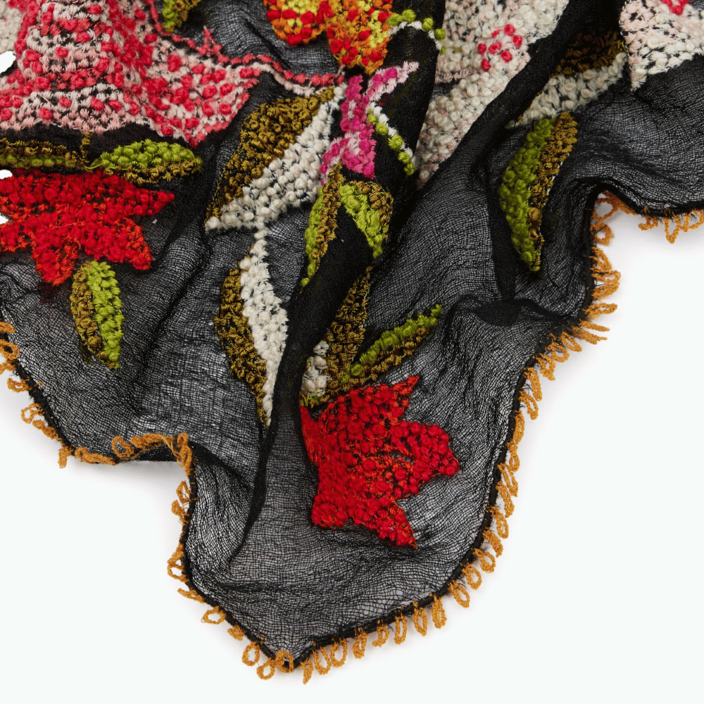 Faliero Sarti PRALINA Black Wool Blend Scarf with Multicolour Floral Embroidery