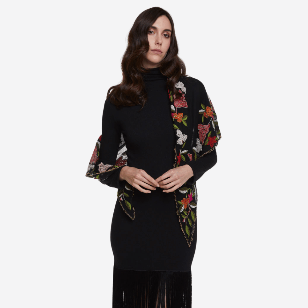 Faliero Sarti PRALINA Black Wool Blend Scarf with Multicolour Floral Embroidery