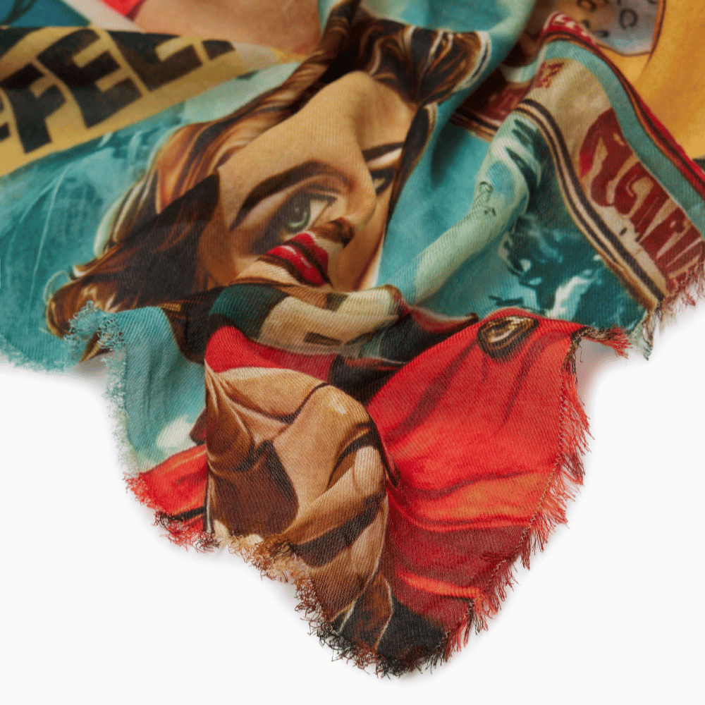 Close-up of Faliero Sarti Woman Power vintage pop-art print and softly fringed edge