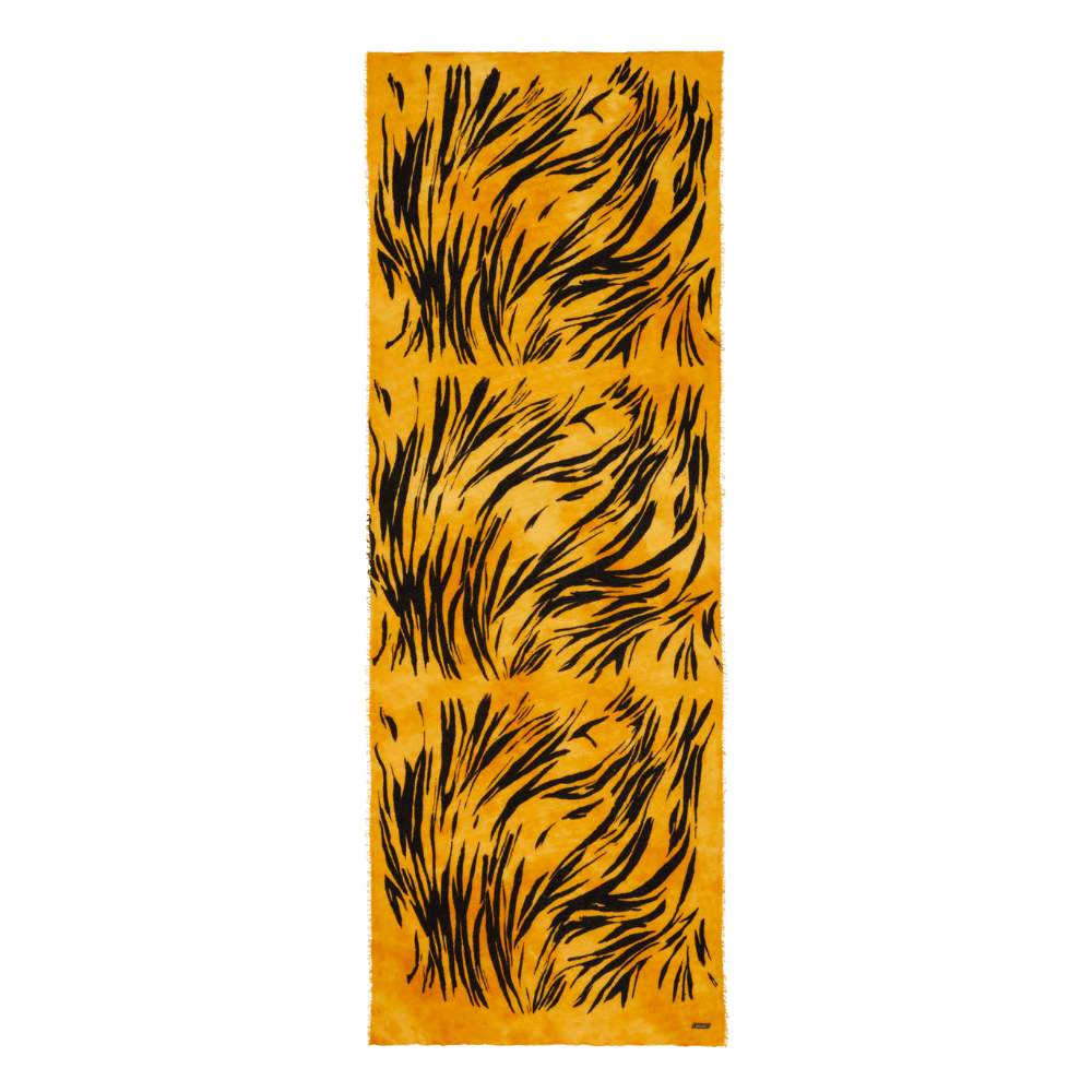 Faliero Sarti ZEBRY pure cashmere scarf in golden yellow with black zebra-inspired animal print, made in Italy