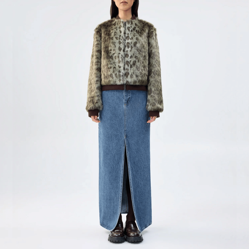 Unreal Fur Foliage Faux Fur Bomber Jacket in Green Leopard – International designer fashion boutique Australia Riada Concept Woollahra