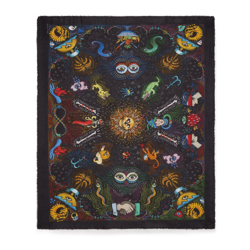 Faliero Sarti Profeta modal cashmere oversized scarf with multicolour mystical print and black fringed border