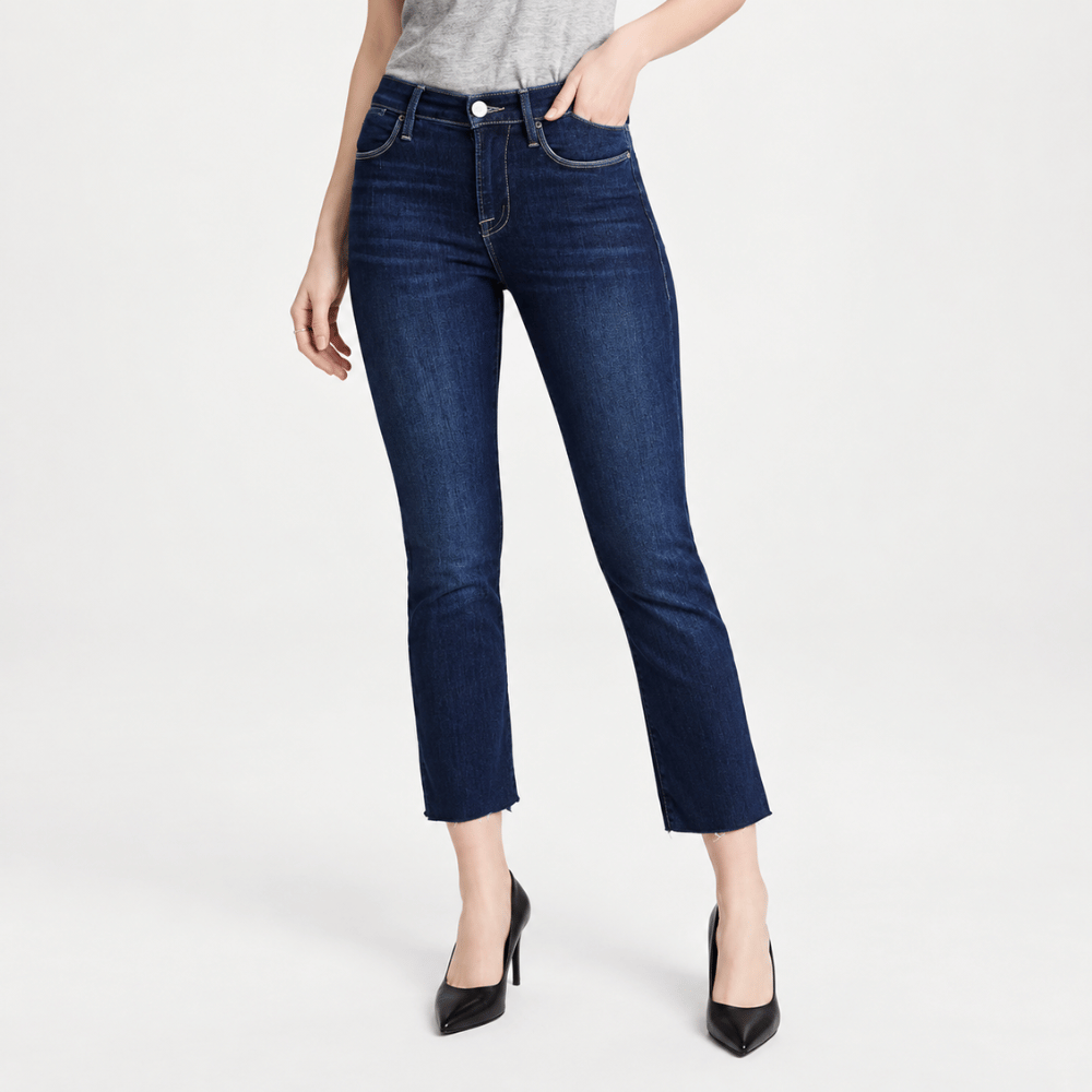 FRAME Le High Straight Cropped Jeans in Sanctuary at Riada Concept. High-rise slim straight jeans in super-stretch indigo denim - front view