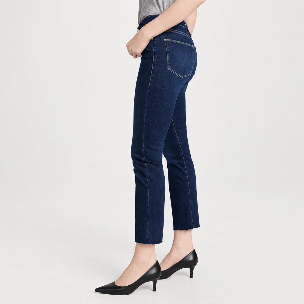 FRAME Le High Straight Cropped Jeans in Sanctuary at Riada Concept. High-rise slim straight jeans in super-stretch indigo denim - side view