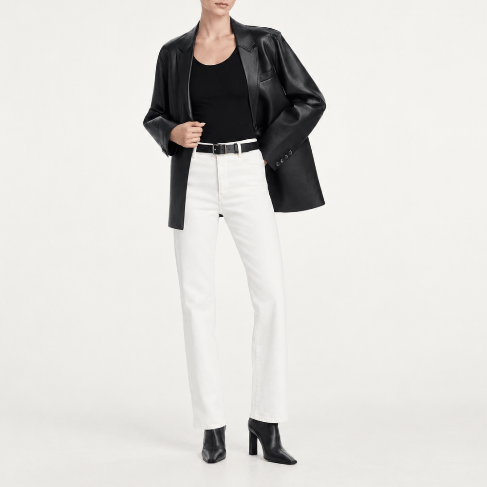 Full body styled model - FRAME The Ruler Jeans in Au Natural Clean at Riada Concept. High-rise full-length straight jeans in soft comfort-stretch denim