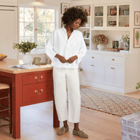 Frank & Eileen Bray barrel pant in Chalk, full front view showing high-rise fit, curved leg and joey pockets