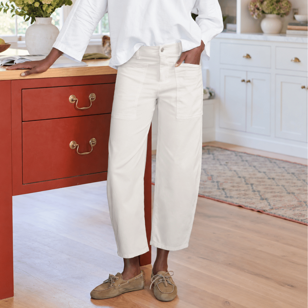 Frank & Eileen Bray barrel pant in Chalk, front view showing high-rise fit, curved leg and joey pockets