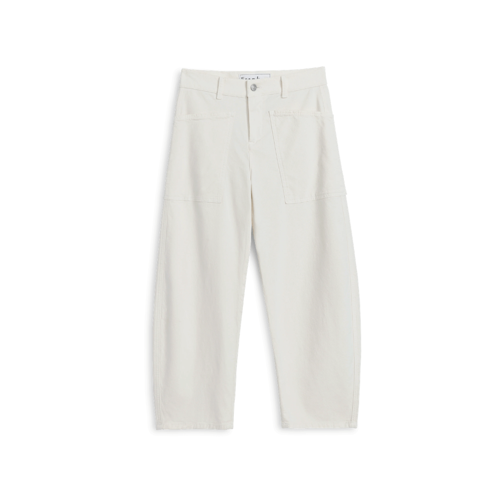 Frank & Eileen Bray barrel pant in Chalk - a pair of off-white cropped pants with a relaxed, wide-leg silhouette, featuring a button closure, belt loops, and side pockets, shown flat on a white background.