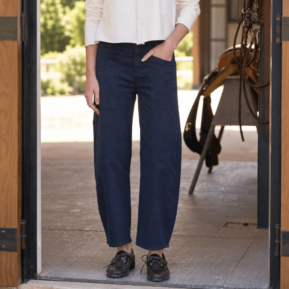 Frank & Eileen Bray barrel pant in Classic Navy, front view showing joey pockets and curved cropped leg