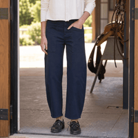 Frank & Eileen Bray barrel pant in Classic Navy, front view showing joey pockets and curved cropped leg