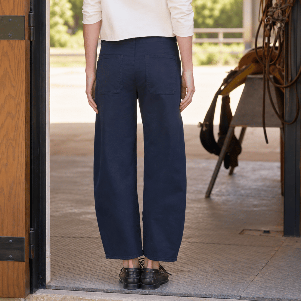 Frank & Eileen Bray barrel pant in Classic Navy, back view showing cropped barrel silhouette and patch pockets