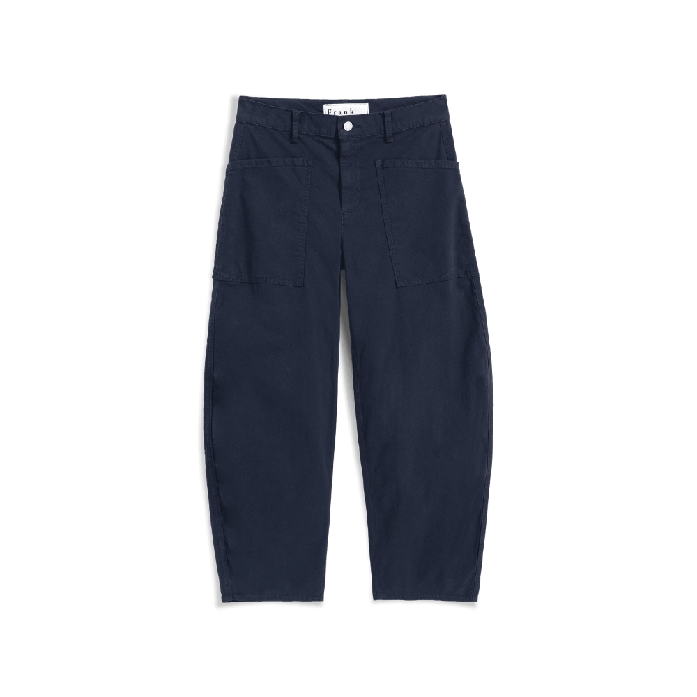 Frank & Eileen Bray barrel pant in Classic Navy - dark navy blue cropped pants with a button closure, belt loops, and two large front flap pockets, shown flat against a white background.