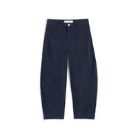 Frank & Eileen Bray barrel pant in Classic Navy - dark navy blue cropped pants with a button closure, belt loops, and two large front flap pockets, shown flat against a white background.