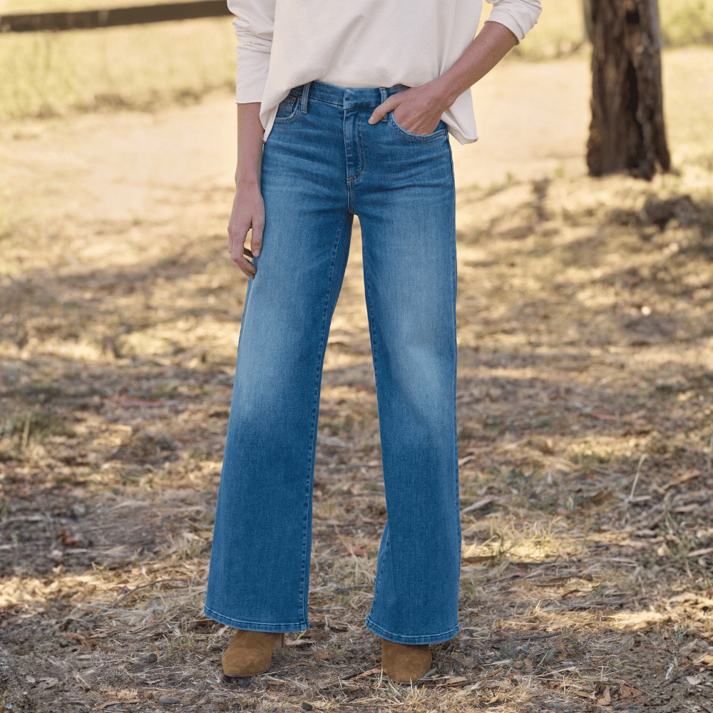 Frank & Eileen Galway 32" wide-leg jeans in 2002 Wash, front view showing mid-rise full-length fit