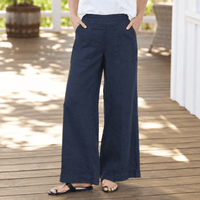 Frank & Eileen Madeline navy linen pants, front view showing flat waistband, patch pockets and wide leg