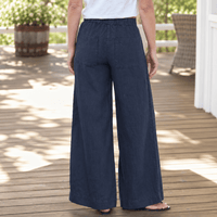 Frank & Eileen Madeline navy linen pants, back view showing elastic waistband, patch pockets and full-length wide leg