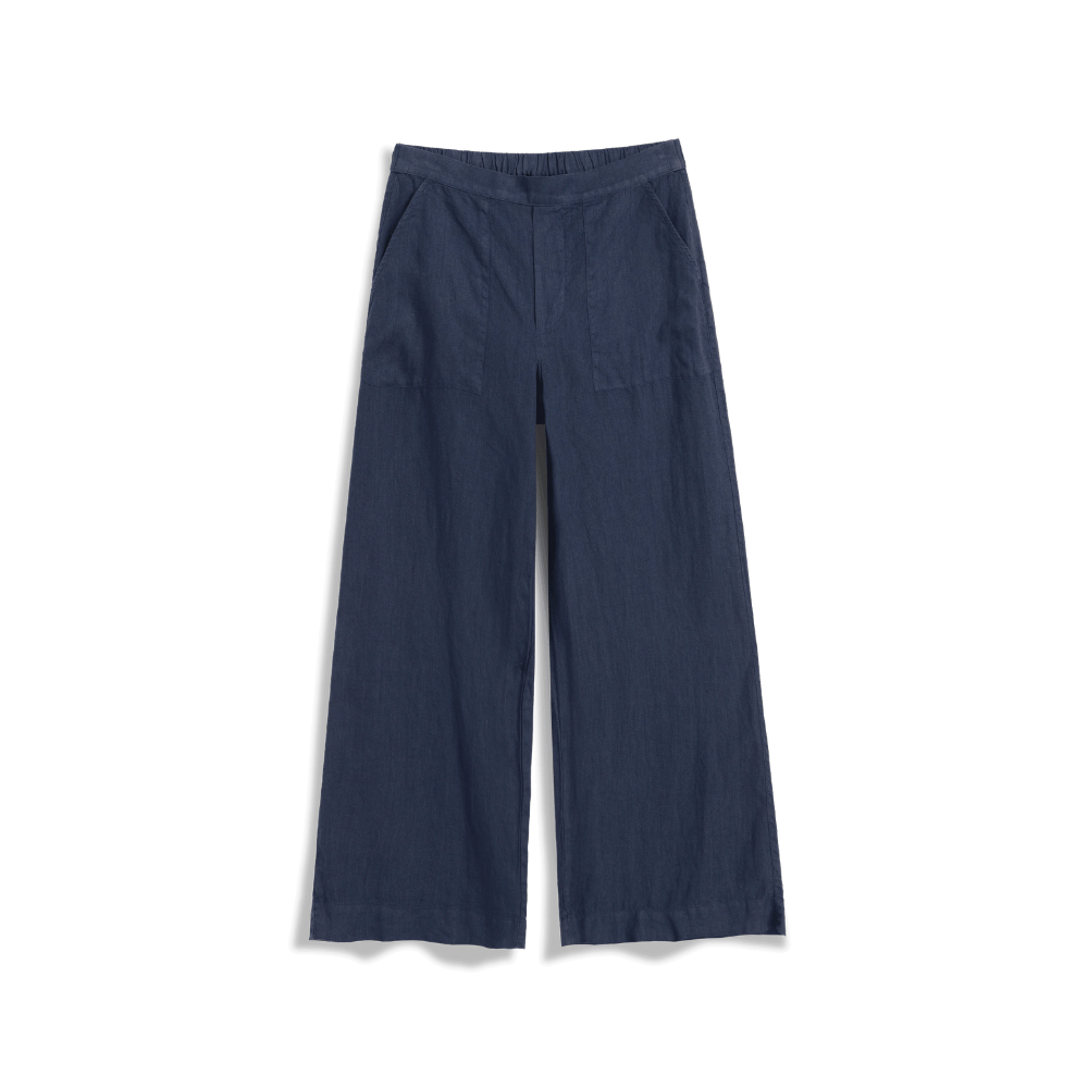 Frank & Eileen Madeline navy linen pants - a pair of dark navy blue wide-leg cropped pants with a relaxed, straight-to-slightly-flared leg, shown flat against a white background.