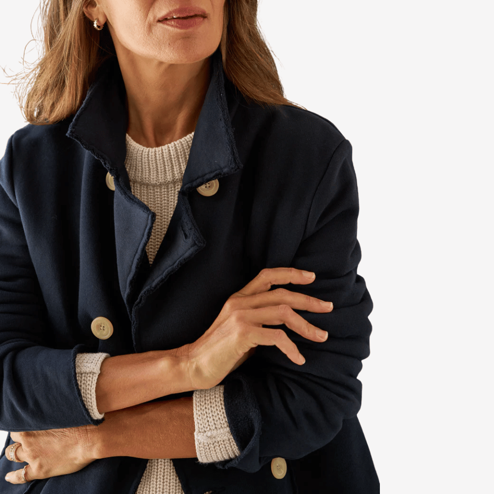Frank & Eileen Mini Belfast Cropped Peacoat in British Royal Navy Shop Frank & Eileen online in Australia at Riada Concept – official stockist of Frank & Eileen shirts, dresses, and linen pants. Discover timeless, premium women's fashion with fast shipping from Sydney.