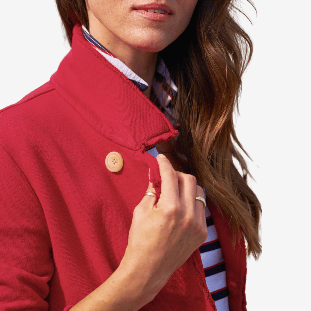 Frank and Eileen Mini Belfast Cropped Sweatshirt Peacoat in Double Decker Red Shop Frank & Eileen online in Australia at Riada Concept – official stockist of Frank & Eileen shirts, dresses, and linen pants. Discover timeless, premium women's fashion with fast shipping from Sydney.