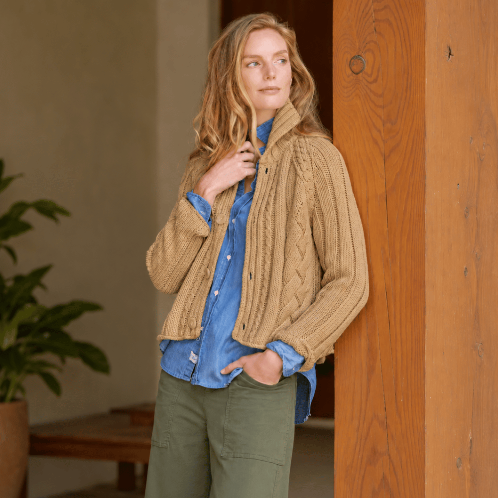 Frank & Eileen Mini Cotswolds cable knit cardigan in Camel, styled front view showing cropped fit and stand collar