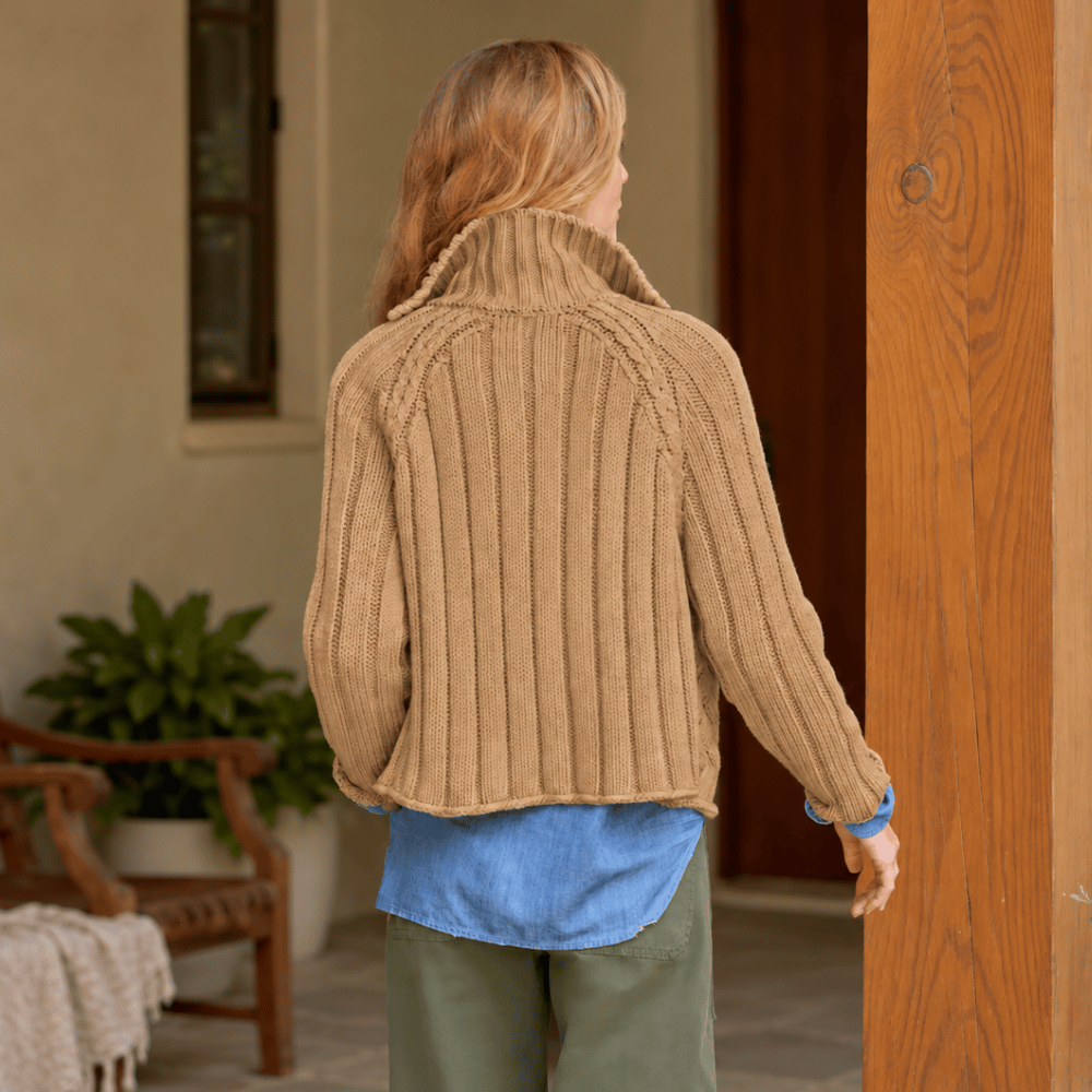 Frank & Eileen Mini Cotswolds cable knit cardigan in Camel, back view showing cropped fit and stand collar