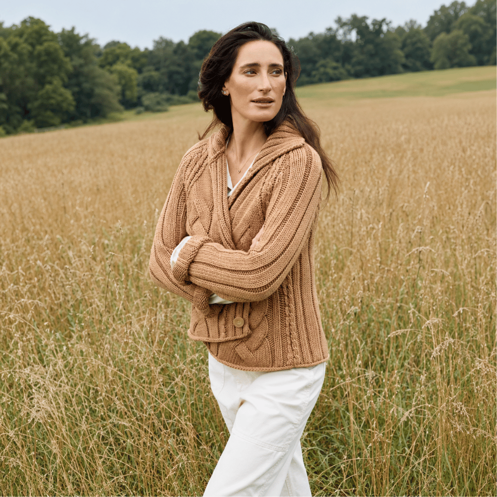 Frank & Eileen Mini Cotswolds cable knit cardigan in Camel, angle view showing cropped fit cable knit