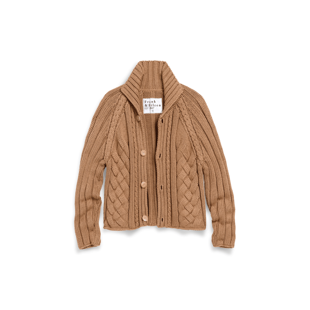 Frank & Eileen Mini Cotswolds cable knit cardigan in Camel - camel brown cable-knit cardigan sweater with a shawl collar and button-front closure, laid flat on a white background.