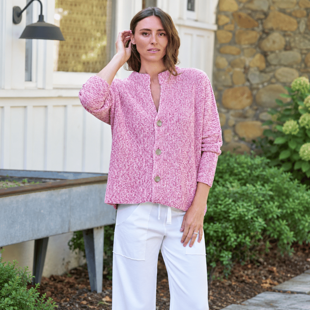 Frank & Eileen Montecito cotton cardigan in Bramble, front view showing marled knit and horn buttons