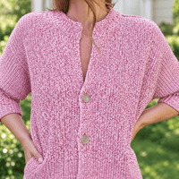Frank & Eileen Montecito cotton cardigan in Bramble, close view showing marled knit and horn buttons