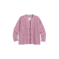 Frank & Eileen Montecito cotton cardigan in Bramble - A pink marled knit cardigan sweater with four light horn buttons, laid flat on a white background.