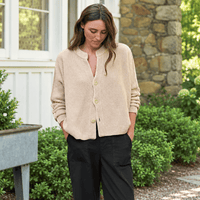 Frank & Eileen Montecito cotton cardigan in Sand, front view showing crew neck, horn buttons and relaxed fit