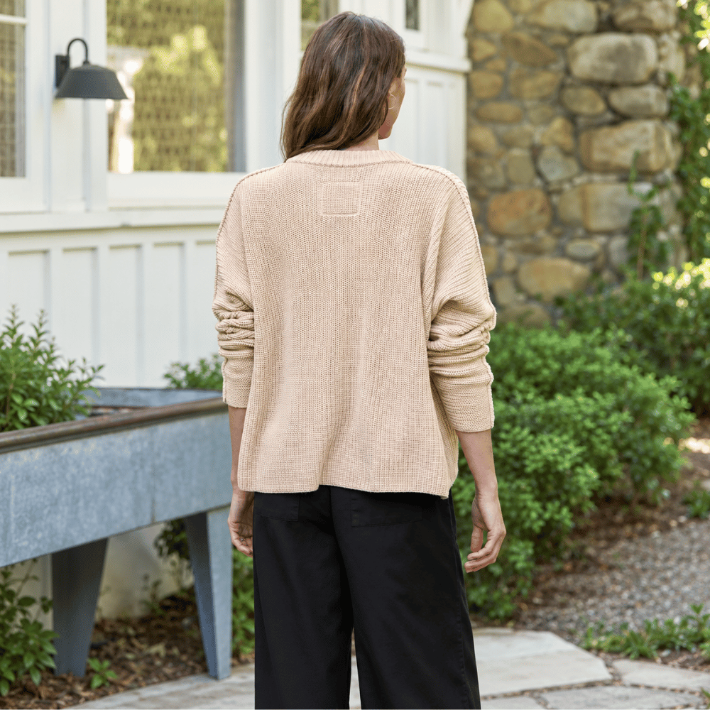 Frank & Eileen Montecito cardigan in Sand, back view showing relaxed shape and continuous sleeve seams